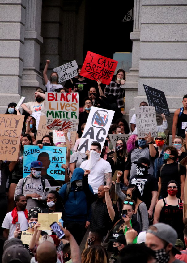 Demonstrators gathered the night of Thursday, May 28, at the Colorado state Capitol in Denver to protest the death of George Floyd in police custody in Minneapolis.
